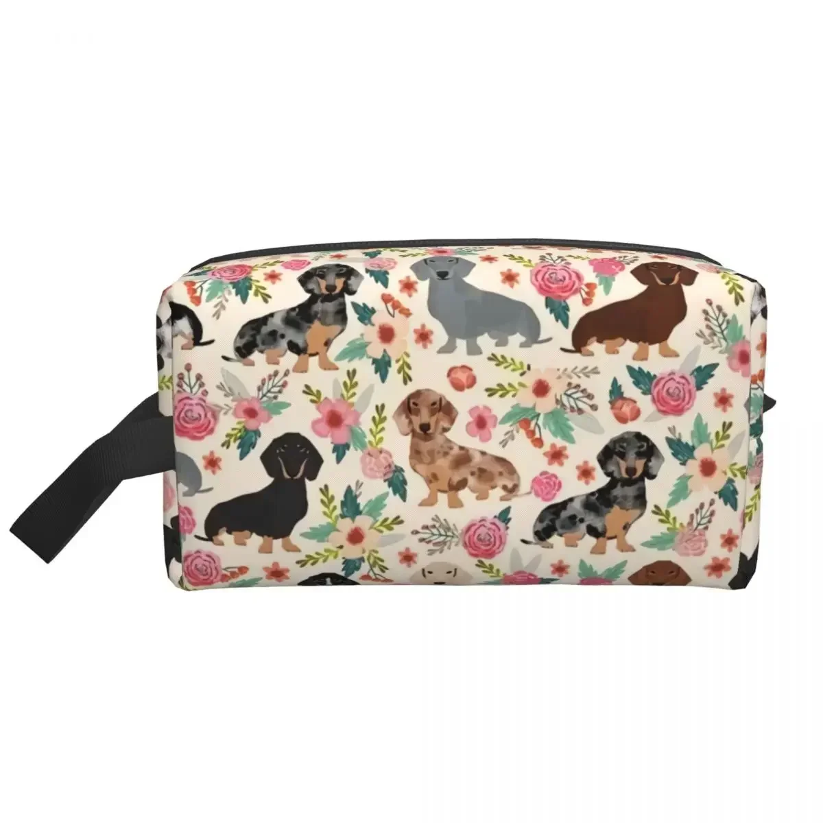 Custom Doxie Florals Dachshund Toiletry Bag for Women Sausage Dog Lovers Makeup Cosmetic Organizer Lady Storage Dopp Kit Case