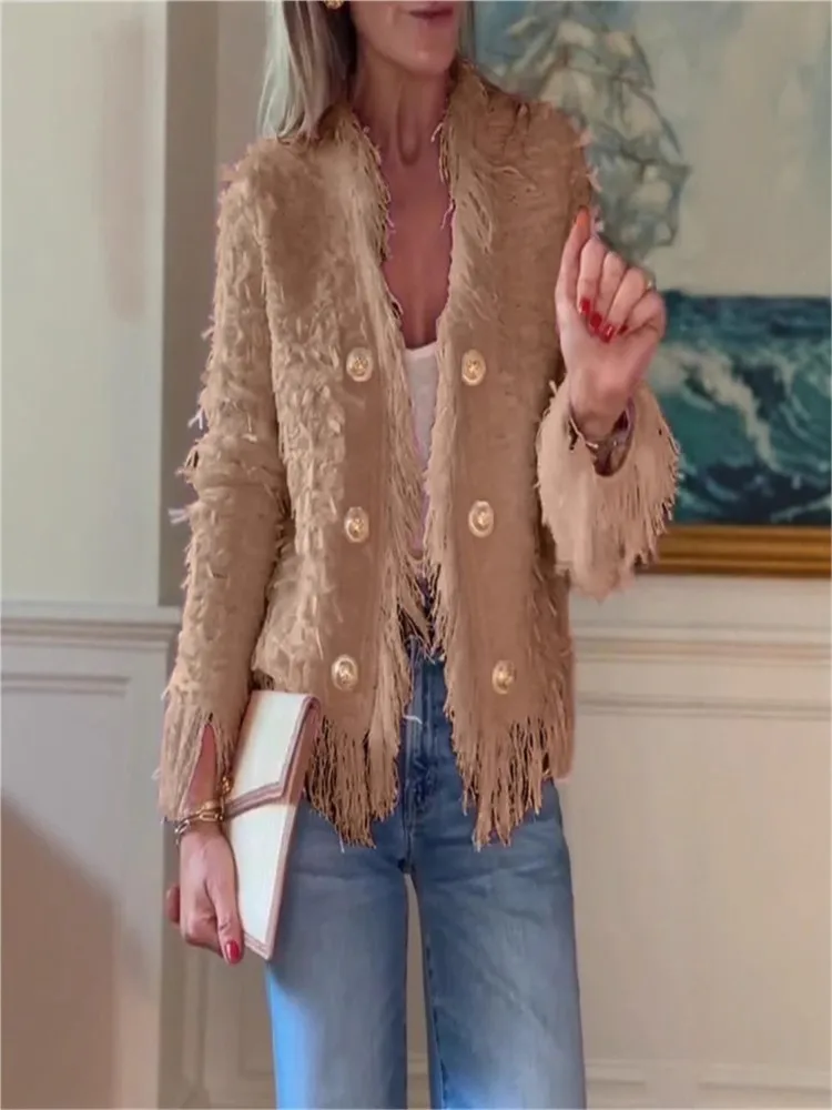 신상 여성 캐주얼 태슬 메탈 버튼 숏 재킷 코트 2025 가을 겨울 솔리드 브이넥 긴팔 플러시 아우터 가디건 코트