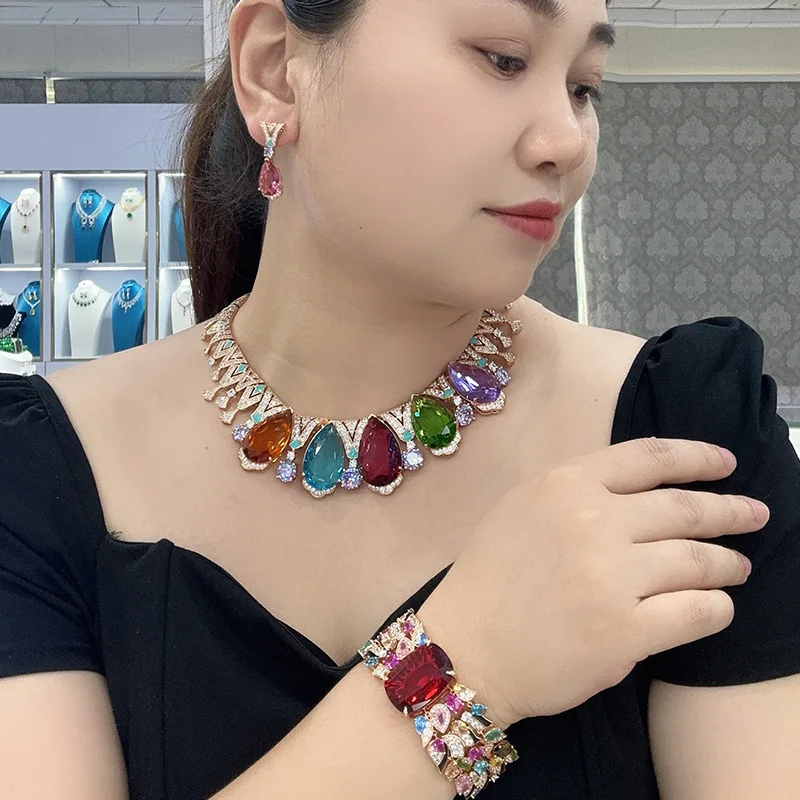Designer Collection Style Earrings Bracelet Necklace Inlay Colored Drop Shape Cubic Zircon Synthetic Ruby Enamel Jewelry Sets