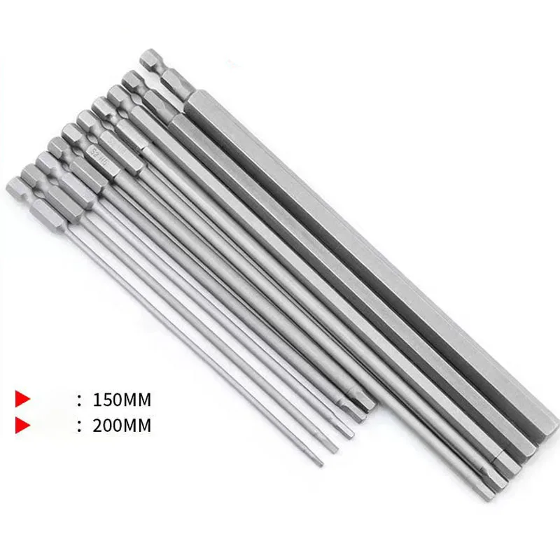 Elétrica Hex Bit Screwdrive Chave Allen s2 Liga Magnético Hex Haste Tamanho Grande h8 H10 H12 Alongar 150 mm 200 mm