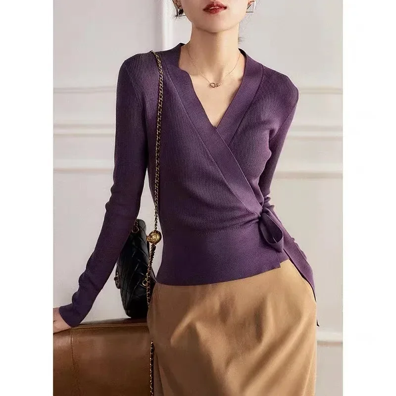 New Spring Knitted Slim Women Cardigan V-neck Lace Up Waist Design Elegant Sweater Long Sleeve Solid Color temperament Tops