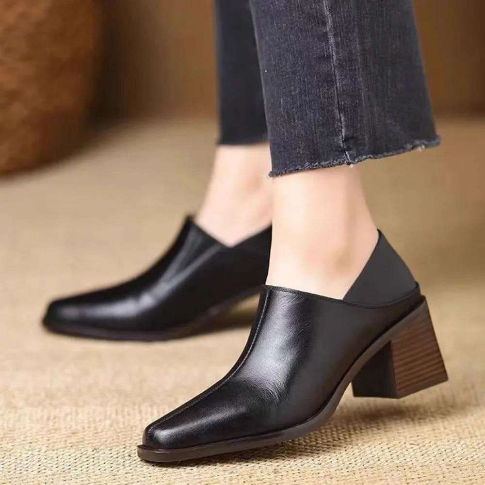 

Designer Comfortable Black Soft Leather High Heels Pointed Toe Chunky Heel Women's Shoes Versatile Deep Mouth Single Shoes