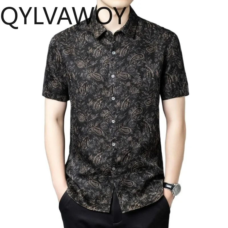 QYLVAWOY Men's Shirts Short Sleeve Tops 100% Mulberry Silk High Quality Shirts Summer Shirts for Man Stylish Man Luxury Clothing