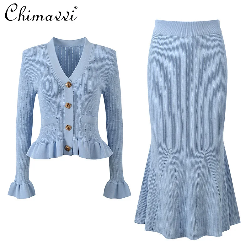 

French Elegant Commuter V-neck Single-breasted Knitted Cardigan High Waist Hip-wrapped Fishtail Skirt Two-piece Set Women Autumn