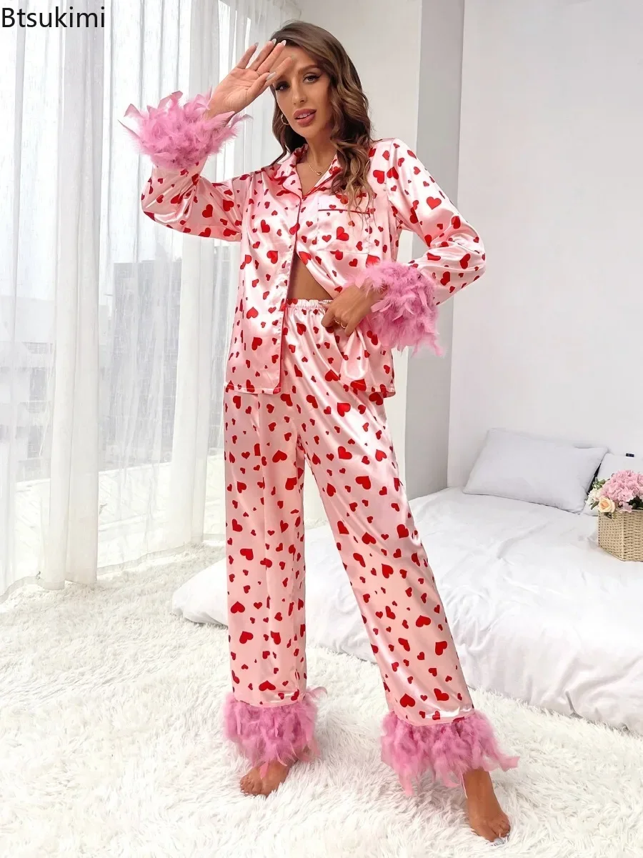 2025 Women's Valentines Day Pajamas Print Feather Cuff Long Sleeve Lapel Button Down Tops with Long Pants Satin Loungewear Set