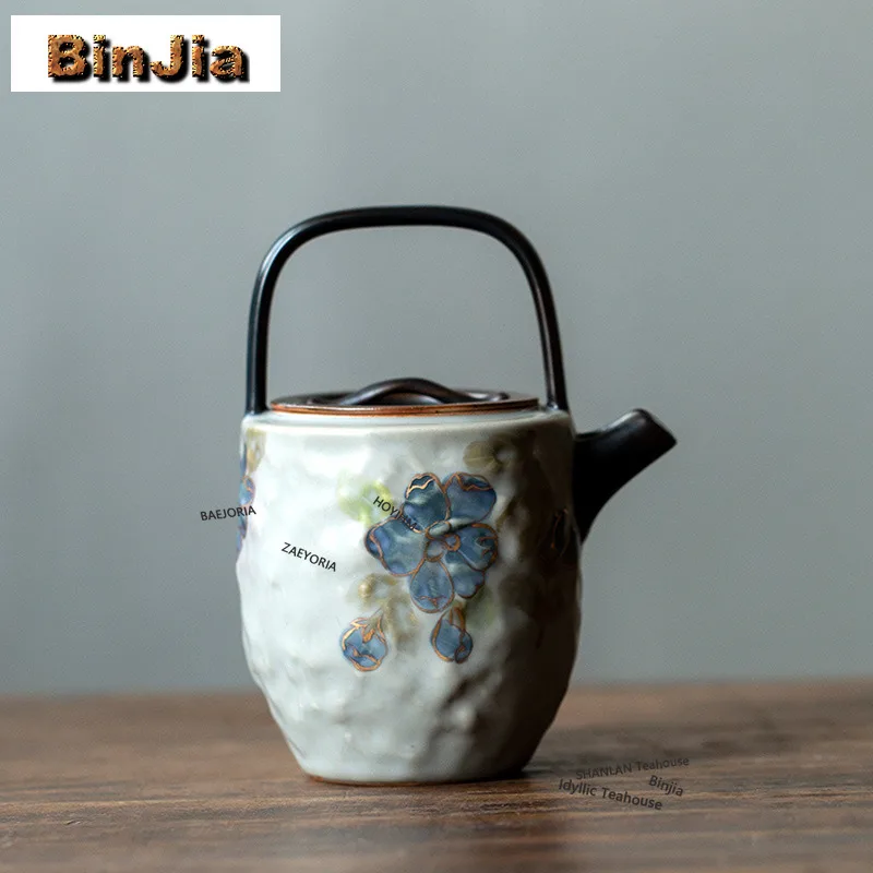 BAEJORIA 130ml Hand Hibiscus Flower Hammer Pattern Handle Teapot Retro Tea Infuser Pot Tea Brewing Kettle With Ball Hole Cafes