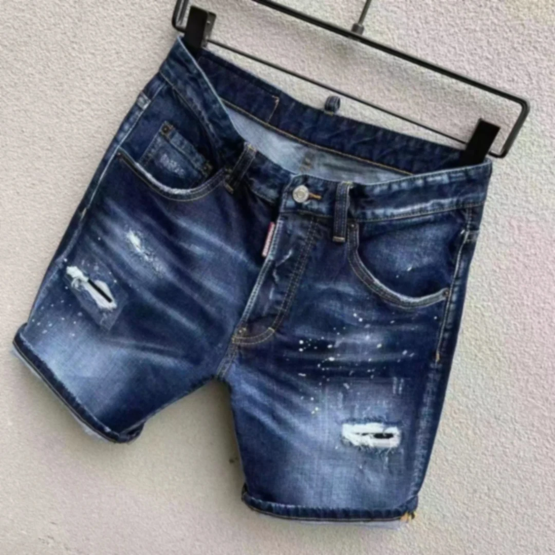 2024 Summer Denim Shorts Men's D2 Jeans Trendy Men's Water Washed Worn Hole Patch Light Blue Slim Fit Micro Elastic