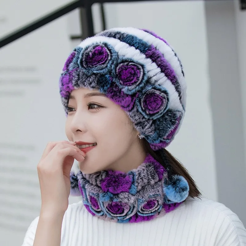 Real fur hats women's winter fashionable mom warm ear-protecting for autumn and scarf sets