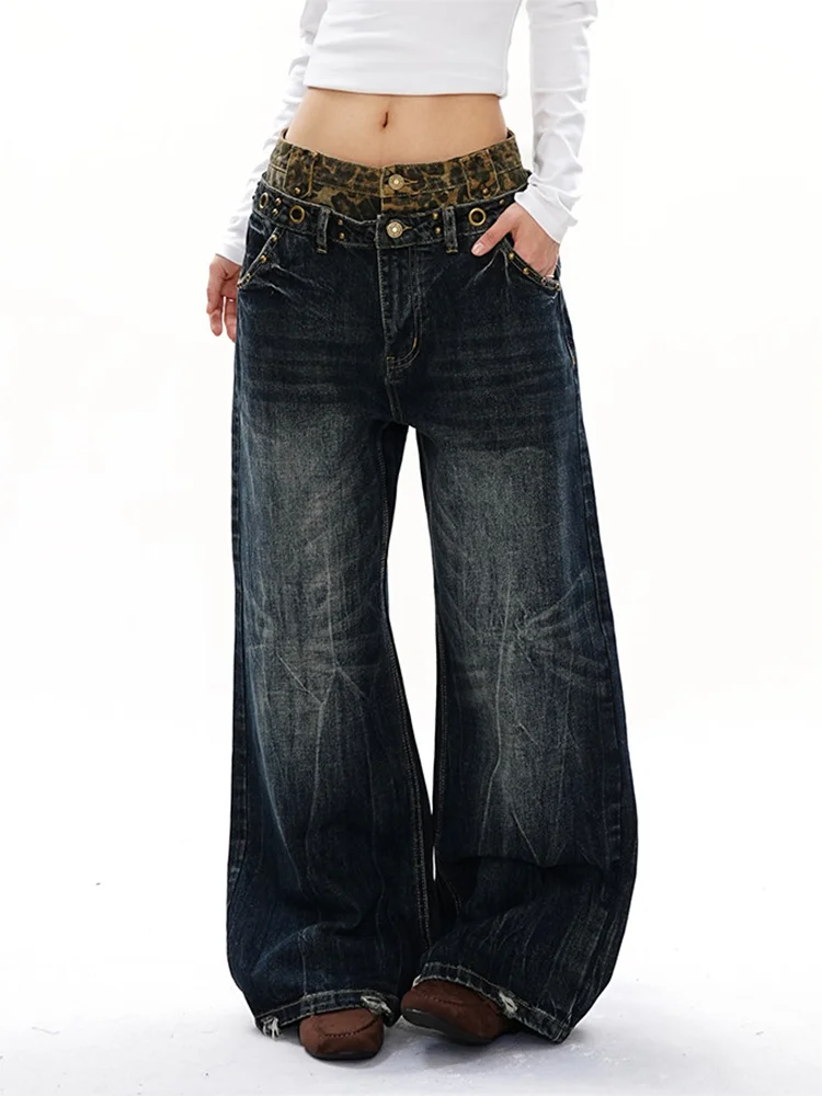 

plus Size Leopard Print Patchwork High Waist Wide Leg Jeans Women's American Washed Straight Slimming Floor-Length Pants