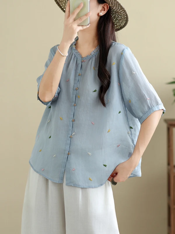 

Embroidered Casual ort Sve round Ne Women's irt Artistic Temperament Versatile Summer Faion Commute Sle Loose Fit