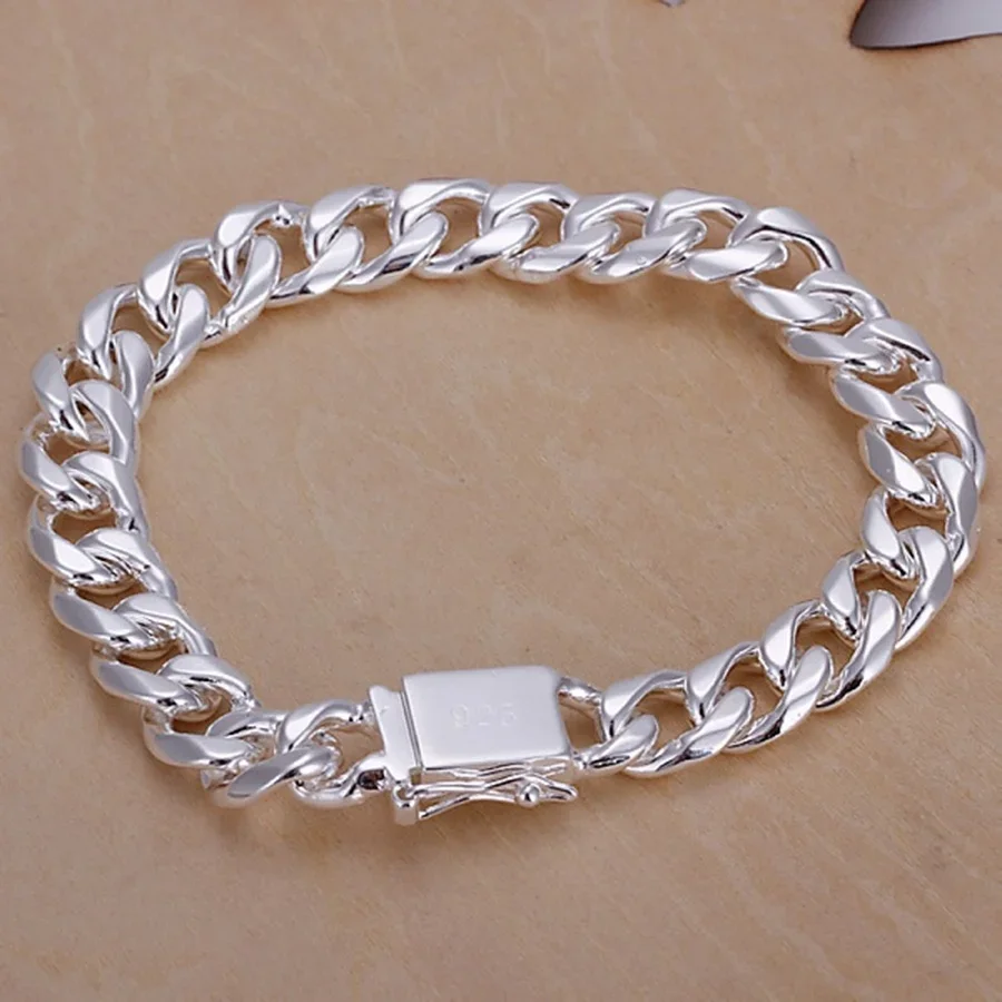 

925 Sterling Silver Bracelets High Quality 10MM Solid 8inch 20cm Chain Women Mens Wedding Fashion Jewelry