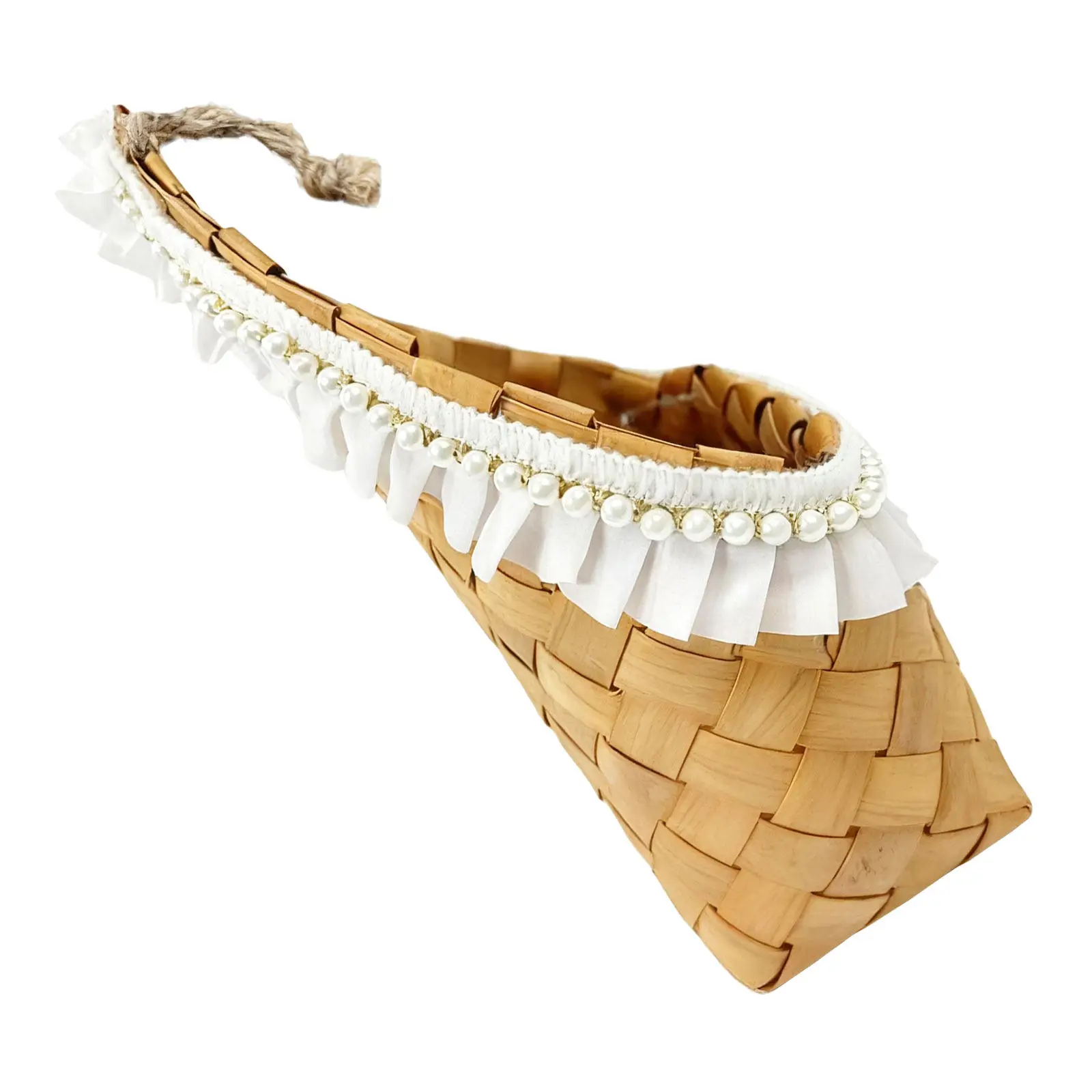 Decorative Woven Wall Hanging Flower Basket Waterproof Lining Pearl Skirt Trim Rustic Wood Design for Living Room Balcony