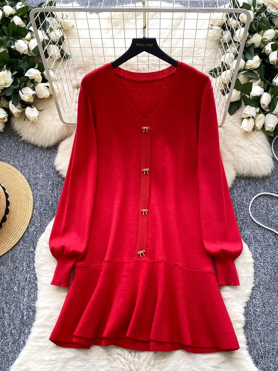 

Женское трикотажное платье с V-образным вырезом и длинными рукавами, свободного кроя, стройнящее, летнее, для повседневной носки, с завышенной талией, А-силуэт, в корейском стиле