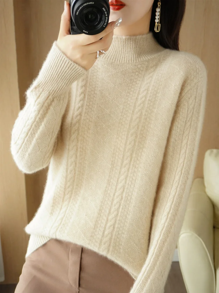 Women 100% Merino Wool Sweater Mock Neck Thick Pullovers Autumn Winter Warm Soft Twist Cashmere Knitwear Korean Fashion Tops