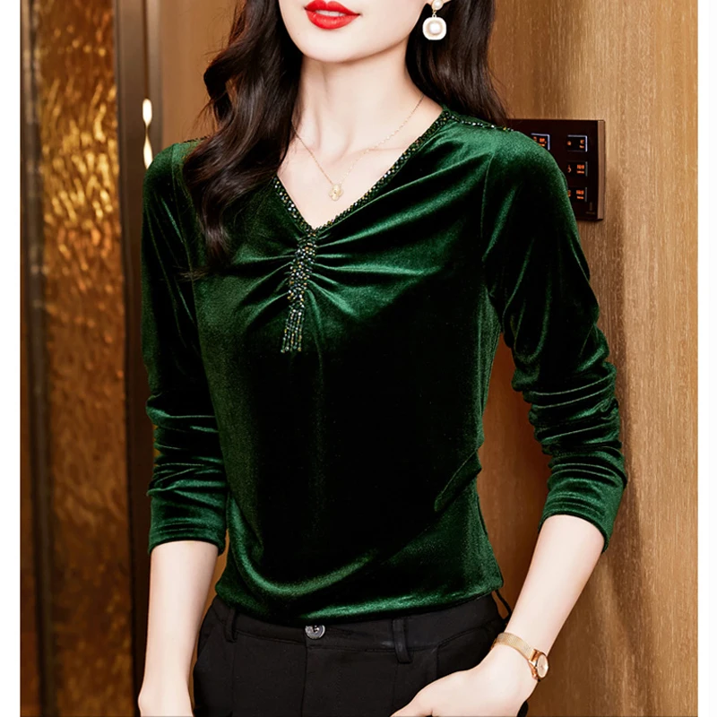 

Новые элегантные модные женские топы с v-образным вырезом, рубашка из бисера, осень-зима, тонкая бархатная блузка с длинными рукавами