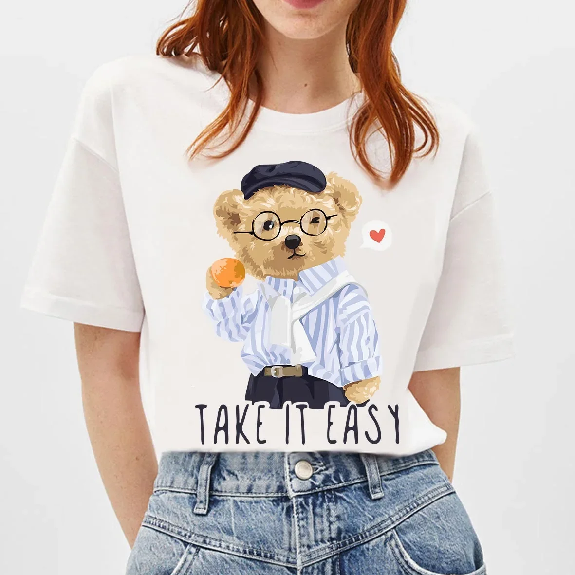 Kawaii Teddy Bear Take It Easy Letter Print T-shirt White Cartoon Unisex Tees Summer Custom Tee Shirts Graphic T Shirts y2k top