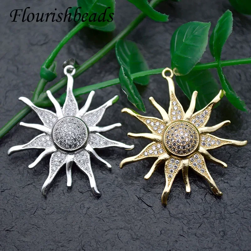 5pcs Luxury Sun Sunflower Shape Pave CZ Zircon Beads Gold Silver Color Pendant Necklace DIY Parts Jewelry Makings Accessories