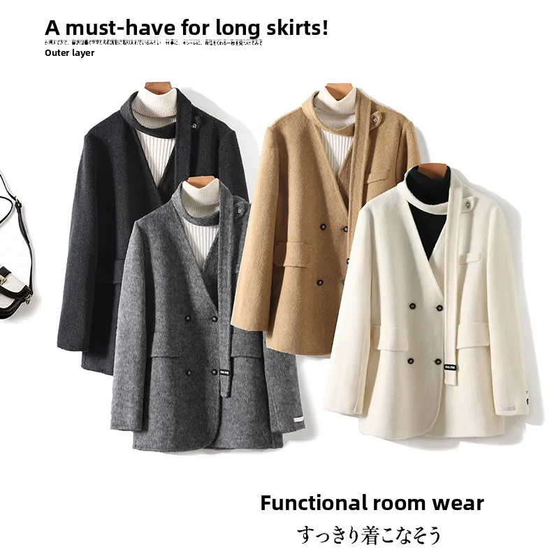 

Korean Style V-Neck Hanging Neck Double-Sided Woolen Coat Short Fashionable Elegant Autumn Winter New Arrival Women's Jacket