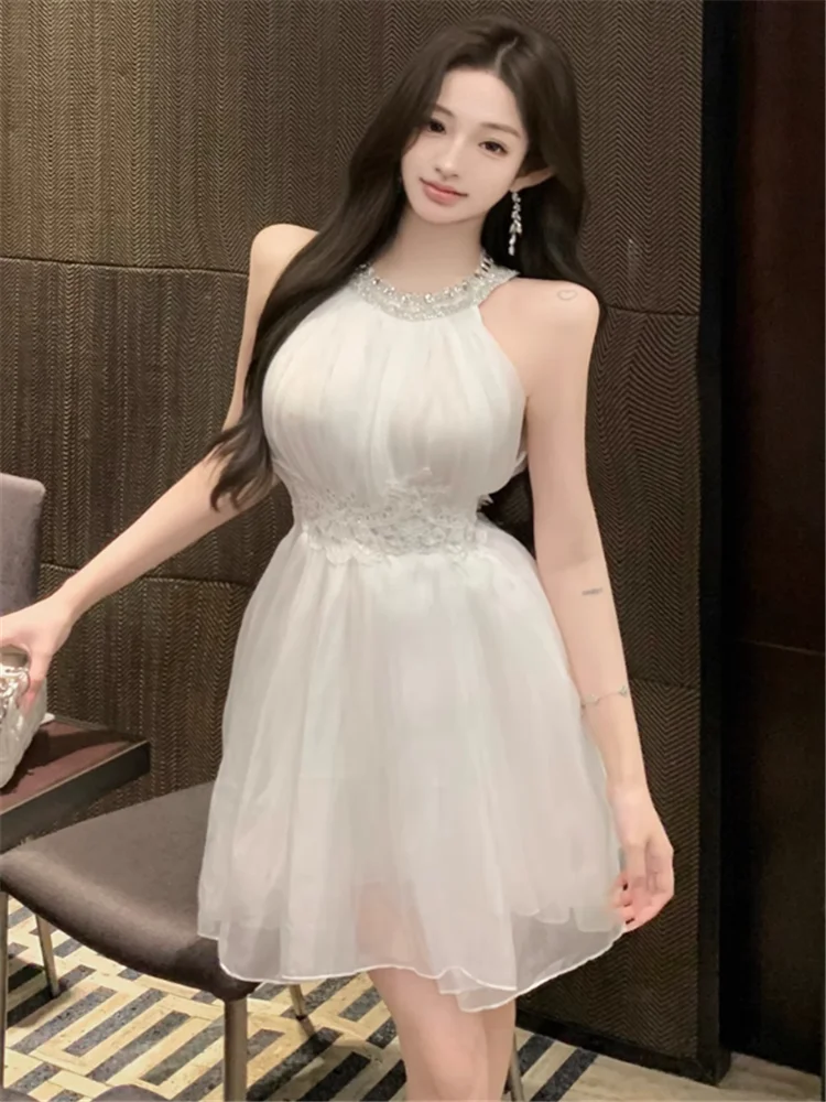 

Diamond Beads Halter Slim Waist A Line Short Birthday Dress for Women Lace Bandage Sleeveless Fashion Holiday Chiffon Mini Dress