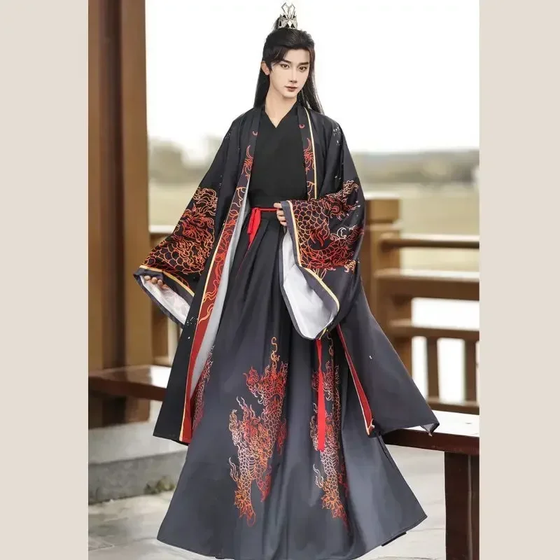 الصينية Hanfu زي الرجال هالوين كرنفال تأثيري حلي حفلة الزي القديم المطبوعة الأحمر والأسود فستان Hanfu حجم كبير 3XL