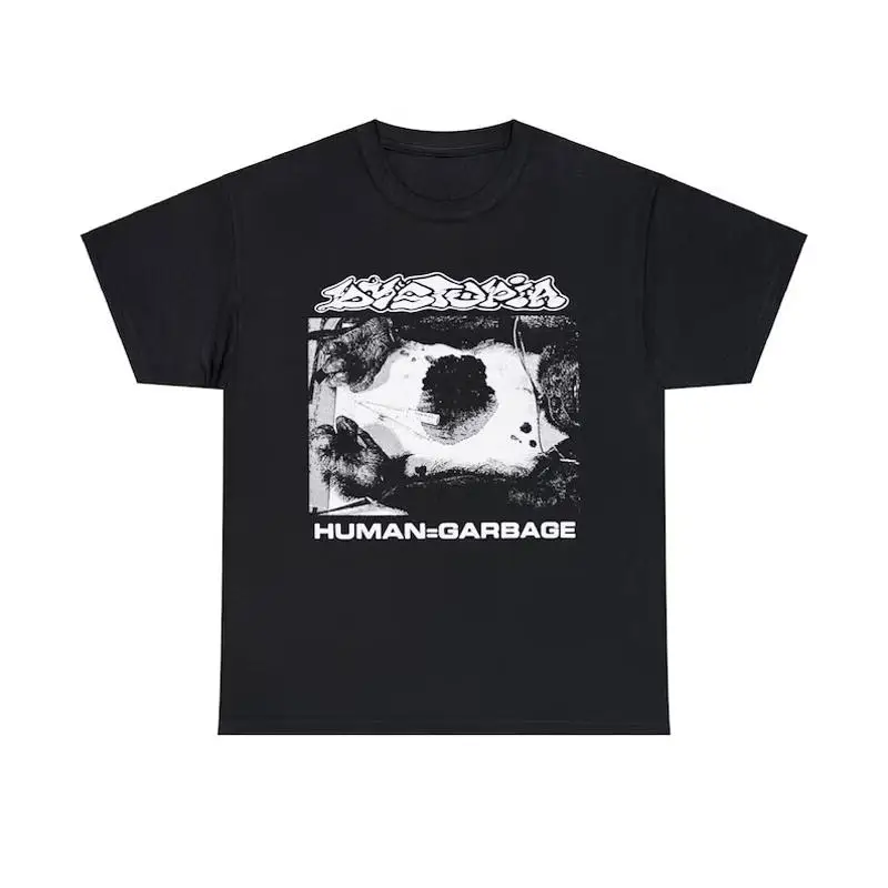 Dystopia Human Garbage T Shirt Vintage Crust Punk Sludge Band Skunk Disrupt