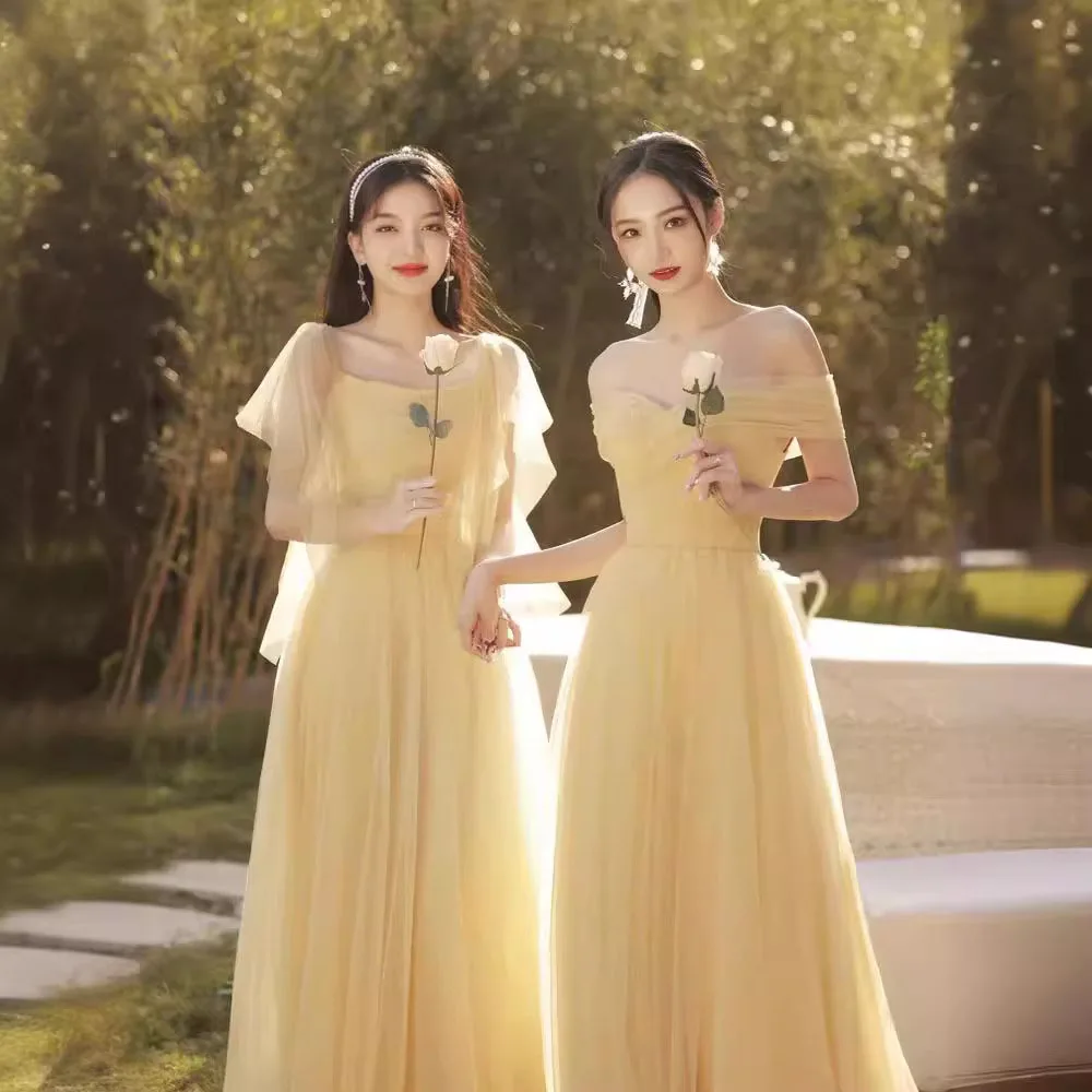 

4 Styles Elegant Women's Bridesmaid Dress Light Yellow Summer Fairy Wedding Sisters Group Vestido Female Evening Dresses Gown