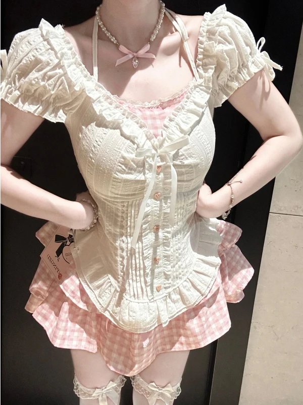 

Cute Girl's Bubble Sleeve Slim Fit Top And Cake Skirt Set Pink Plaid Short Two Piece Women's Fashion Ensemble Summer Polyeste...