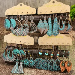 Vintage Ethnic Turquoises Drop Earrings for Women Bohemian Hollow Geometric Beads Tassel Earrings Girls Party Jewelry Gifts