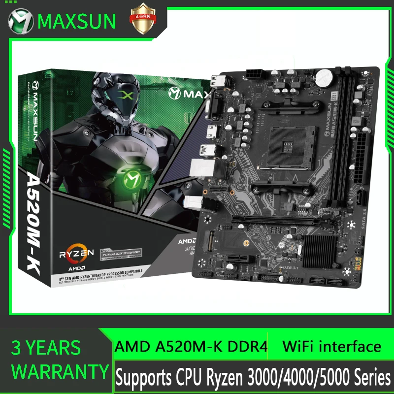 

MAXSUN Motherboard A520M-K With Wifi Interface Supports Ryzen R3 R5 R7 Desktop CPU 3600/5600/5700X/5600G DDR4 Memory M.2 AM4