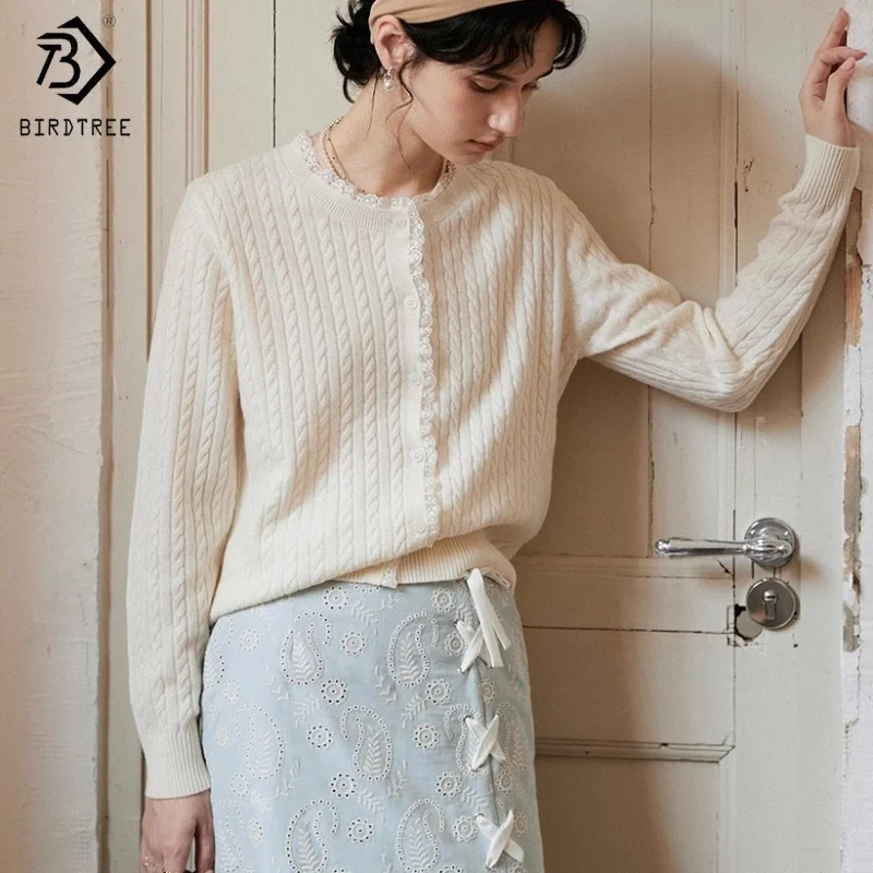 

Birdtree,100% Australia Merino Wool Lace Knitted Cardigan,Woman Single Breasted O-neck Knitwear,2025 Autumn Winter Coat T59023JF