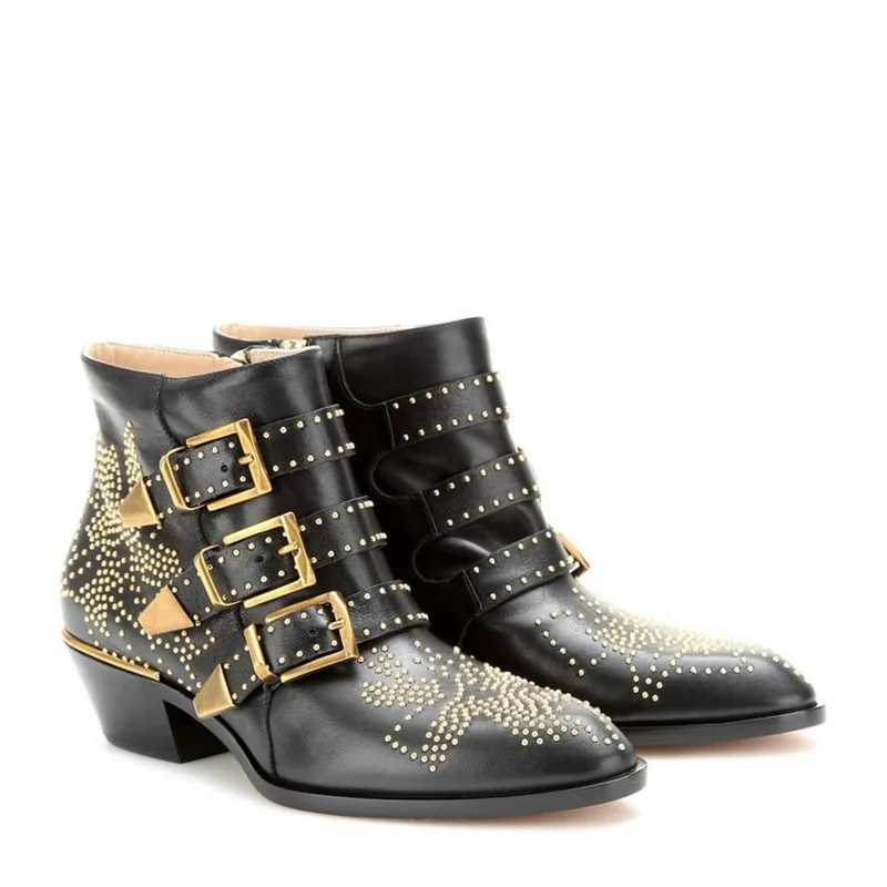 

Susanna Rivets Studded Leather Ankle Boots Luxury Buckle Strap Square Heel Boots Autumn Winter Retro Luxury Zapatos Mujer