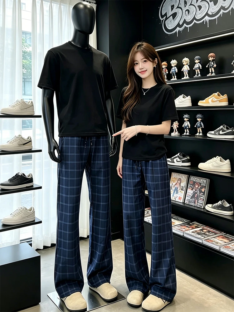 Slimming Blue American Plaid Pants Men Women Summer Thin Knife  Flared Legs Lengthening Crotch Straight Casual Trousers