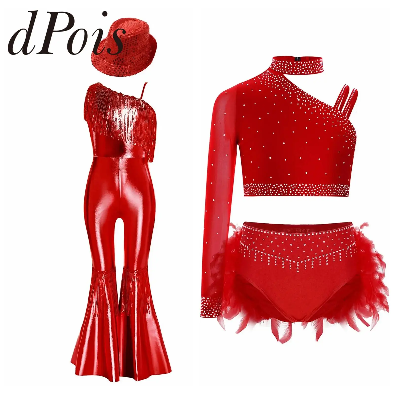 

Kids Girls Shiny Dance Wear Modern Dancewear Sparkly Teens Jazz Ballet Latin Disco Dance Outfit Crop Top + Feather Briefs Skirt