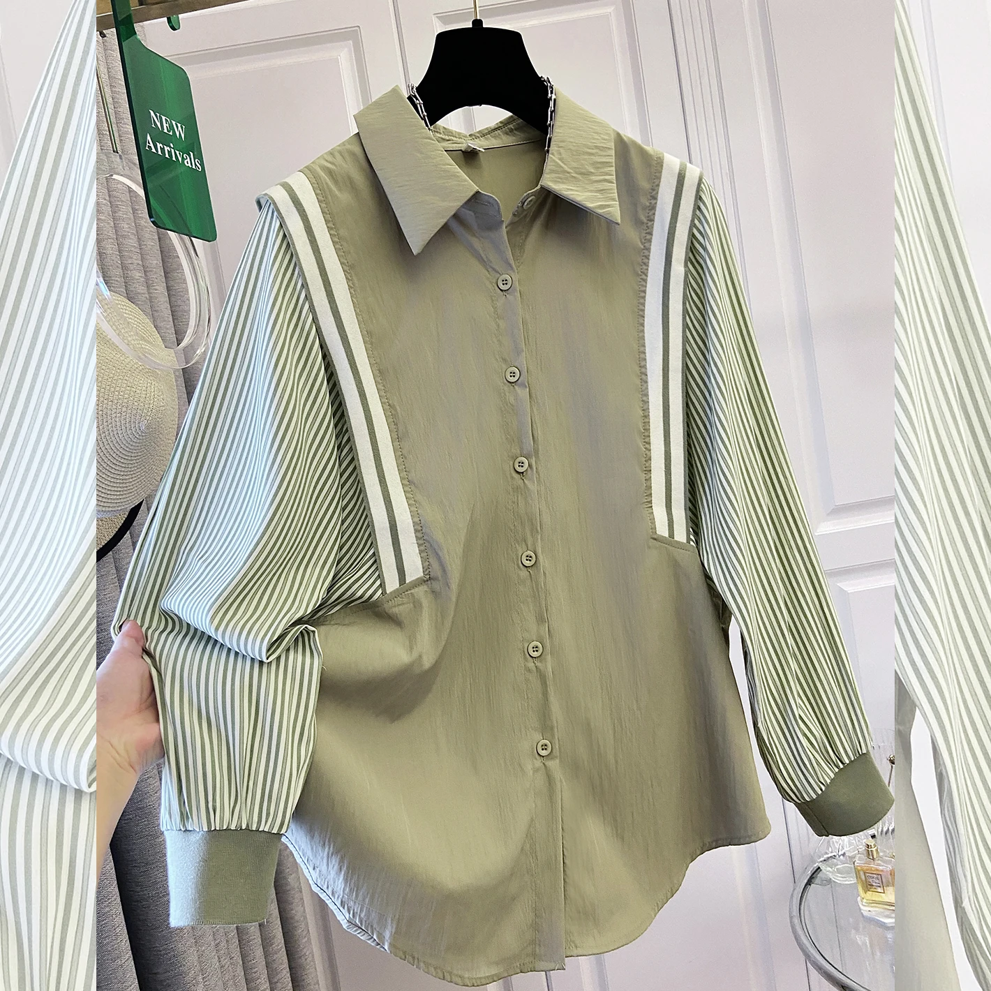 

SuperAen Striped Patchwork Fake Two-piece Long-sleeved Shirt for Women Europe and America Style Loose Elegant Shirts