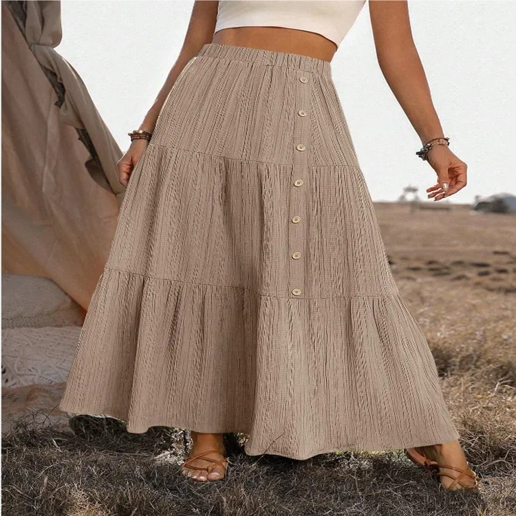 Modischer Patchwork-Maxirock für Frühling und Herbst, halblanger Rock für Damen, böhmischer Stil, Polyesterfaser, großer Volantrock