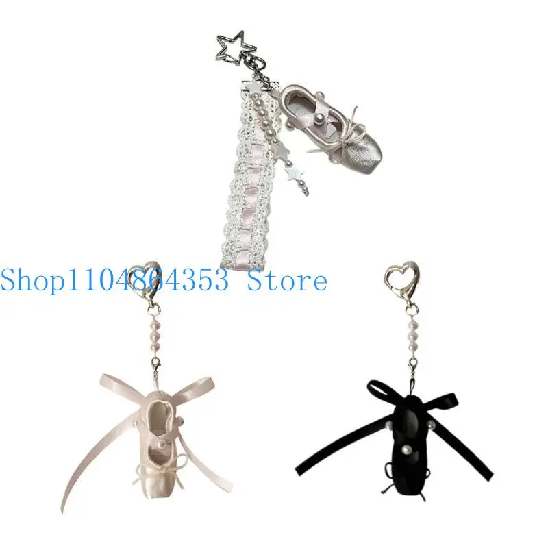 652F Pearls Ballet Shoe Pendant Keychain Ribbon Bowknot Bag Charm Car Keyring Hangings