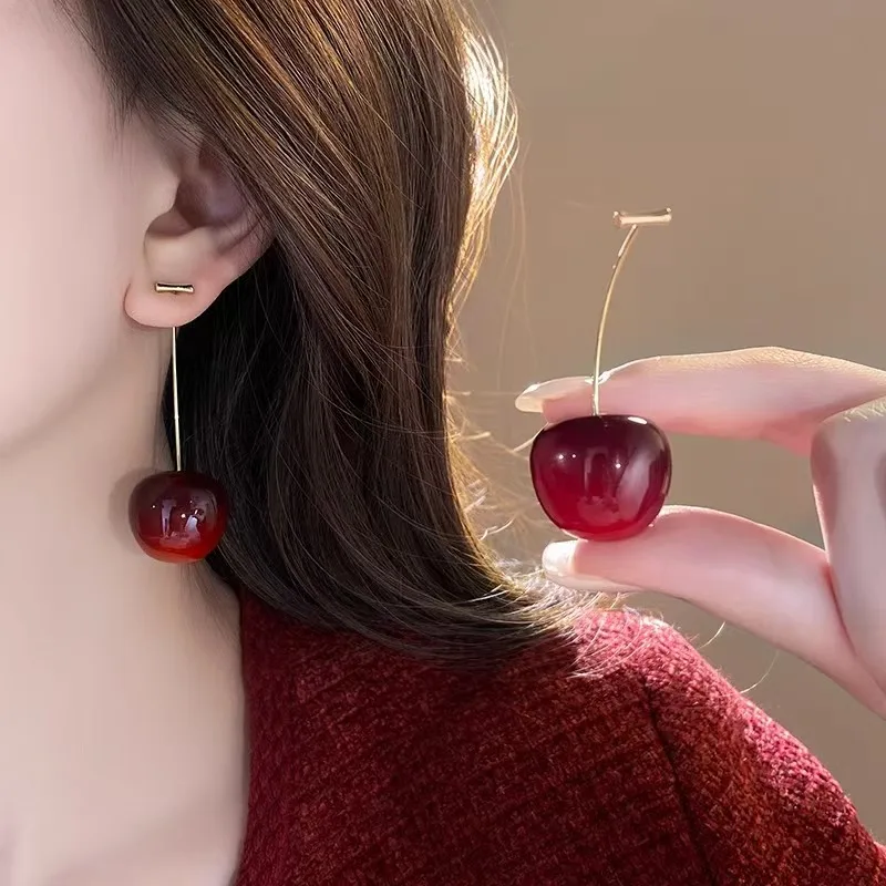 Ladies' Exquisite Cherry Drop Earrings, Sweet Red and Shiny Gold, Daily Wear Jewelry