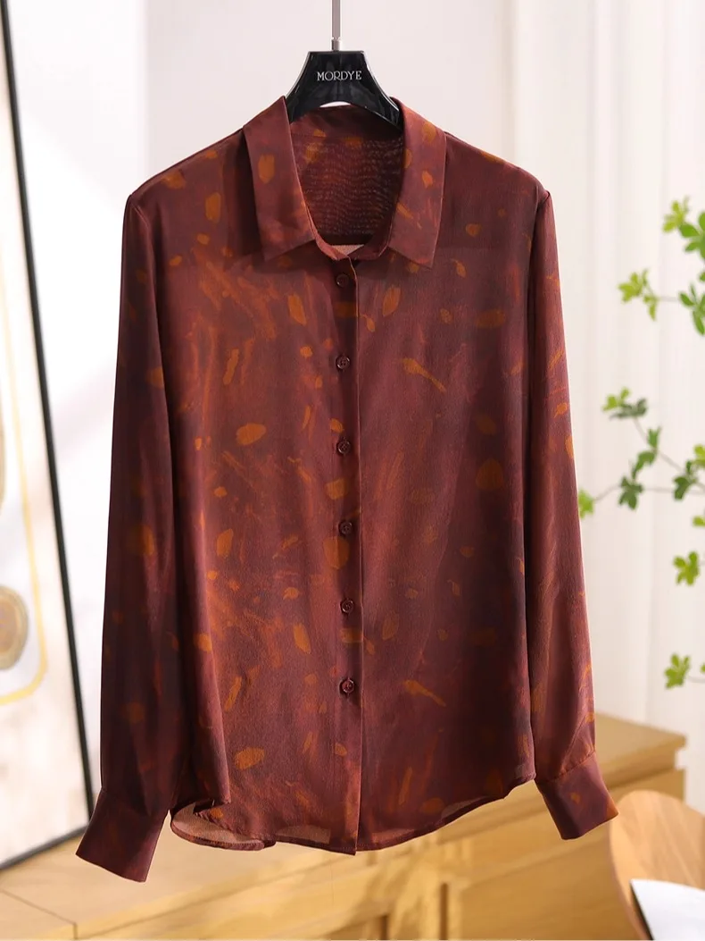 

Nanyang Qianjin Vintage Lazy Tone Caramel Floral Silk Long Sve irt Silk Top Autumn 2025 Women's Ne Open ...
