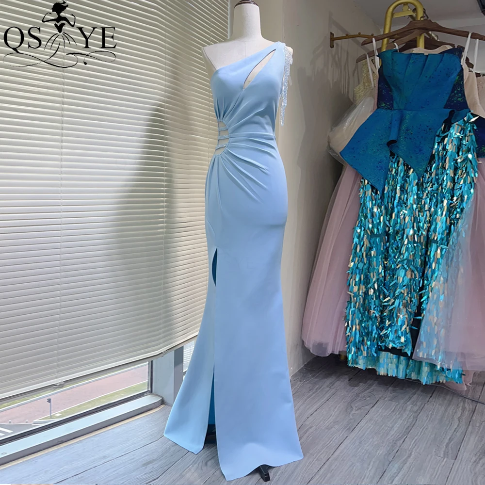 Beading One Shoulder Blue Prom Dresses Slit Ruched Party Gown Beaded Waistline Elegant Ruched Baby Blue Strings Evening Dress