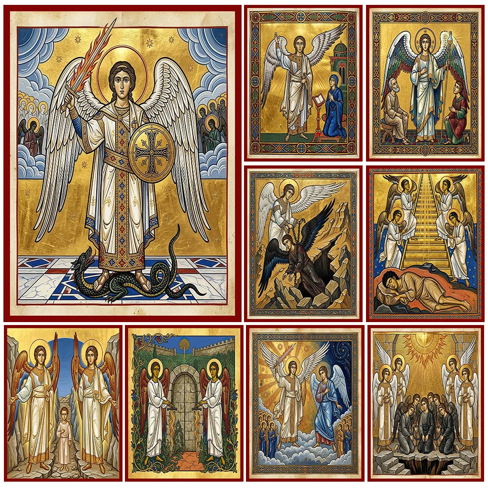 Byzantine Orthodox Archangel Canvas Wall Art,Saint Michael Guardian Angel Annunciation Biblical Scene Poster Print Home Decor