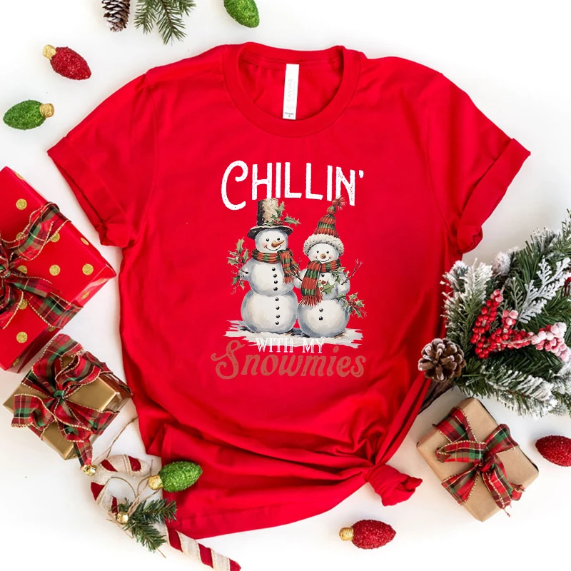 

New Christmas Chillin With My Snowmies Printing T Shirts Unisex Fashion Short Sleeve T Shirt Summer Casual Loose T-Shirt