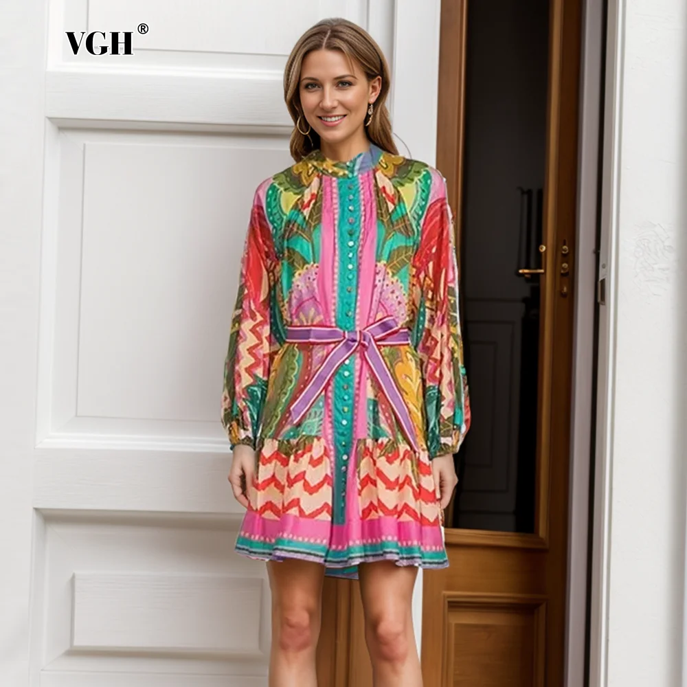 

VGH Colorblack Prinitng Vintage Dresses For Women Stand Collar Long Sleeve High Waist Patchwork Lace Up Mini Dress Female New