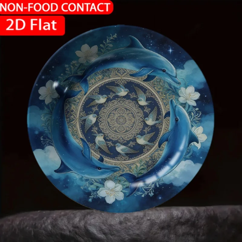 1pc Mandala Dolphin Blue Ceramic Plate Non-Food Contact, Home Desktop Ornaments, Living Room And Bedroom Decorations, Suitable