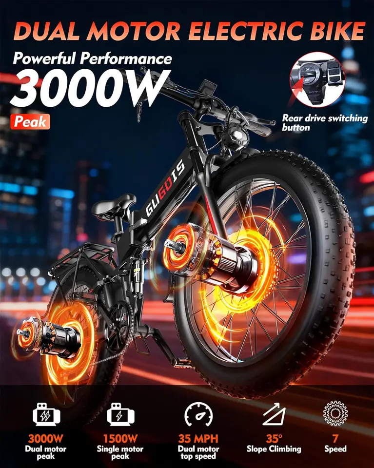 Folding Electric Bike for Adults, 3000W Peak Dual Motor Ebike, 26" Fat Tire E-Bike, 48V Battery, Up to 60 Miles, All-Terr image 4