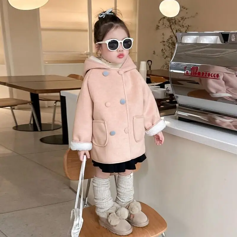 

Детский пушистый свитер с капюшоном, модная детская одежда, куртка для девочек, осенне-зимнее двубортное пальто с кроличьими ушками для девочек