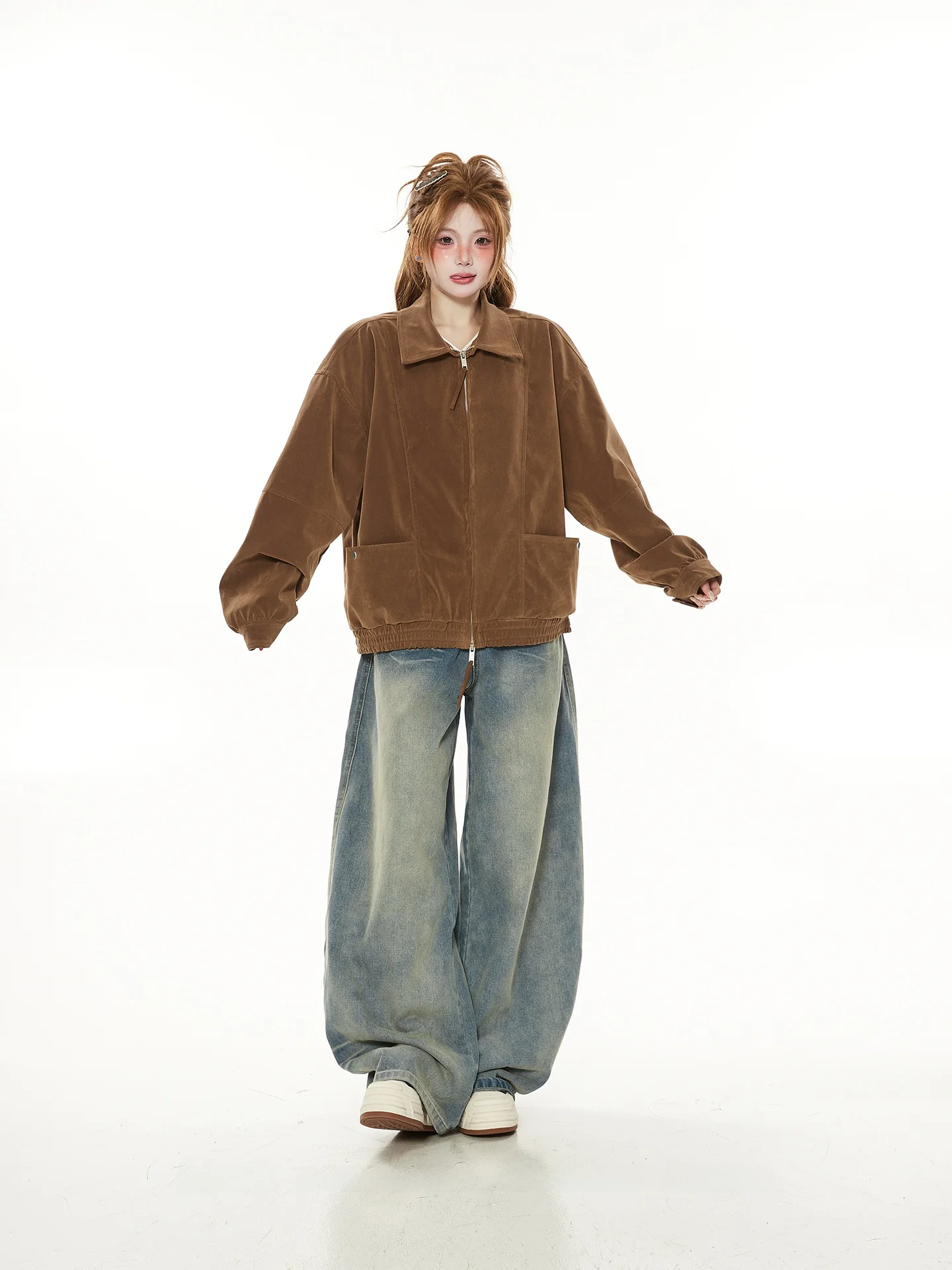 

Retro American High Street Hong Kong Sle Faux Suede Jaet Women Spring Autumn New Workwear Cool Brand ort Outerwear