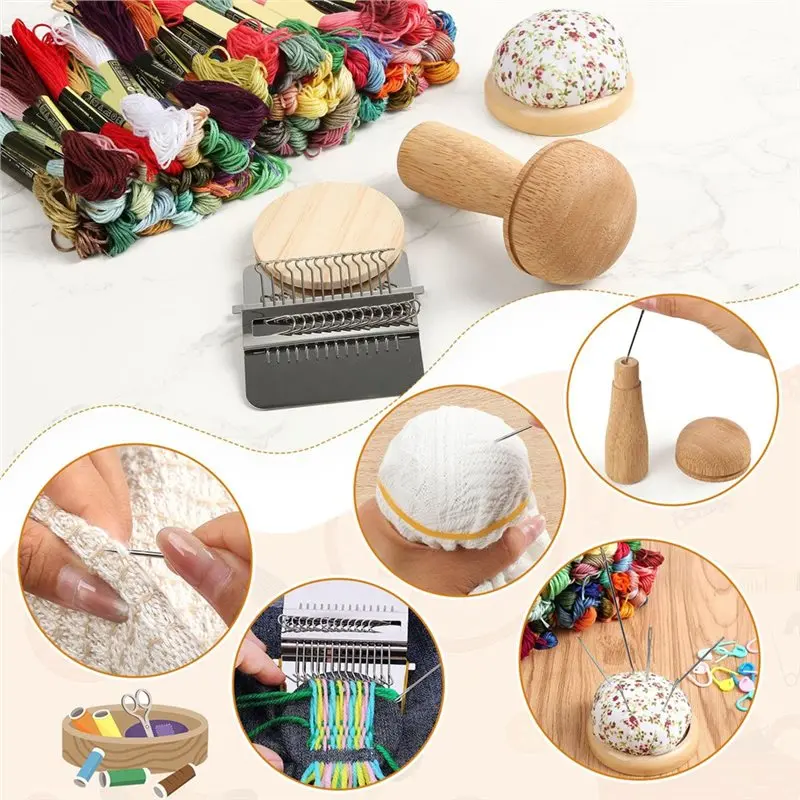 ●Premium Knit Patch Mending Kit-14 Hook Darning Looms, Darning Mushroom& Darning Egg, 100 Color Embroidery Floss Included