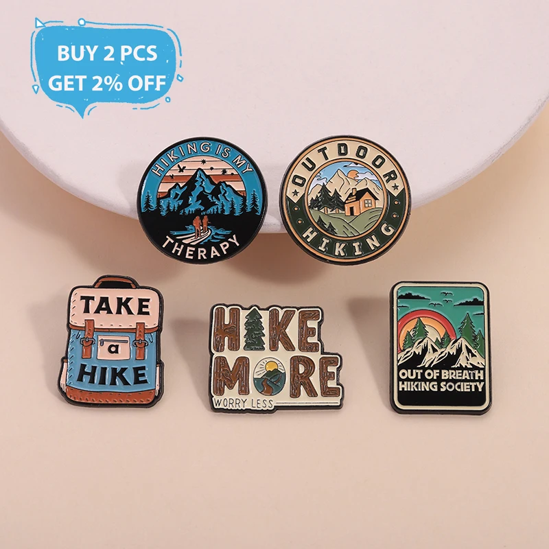 Outdoor Hiking Enamel Pins Out Of Breath Hiking Society Hiking is my Therapy Brooches Lapel Badge Jewelry Gifts For Nature Lover