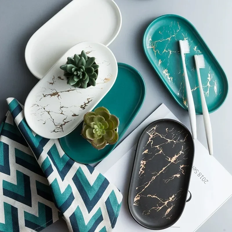 صينية تخزين مجوهرات بيضاوية بنمط رخامي من السيراميك طراز اسكندنافي ، صينية ديكور منزلي ، كوب حمام ، تخزين نبات مكتبي