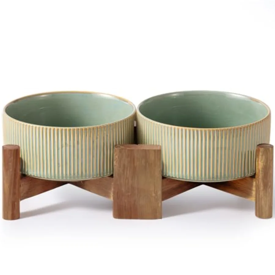 

Ceramic Dog Bowls Set with Acacia Wood Stand, 3.5 Cups Pet Bowls Set of 2 for Medium Dogs, Cute Dog Food Bowl, Cat Bowls
